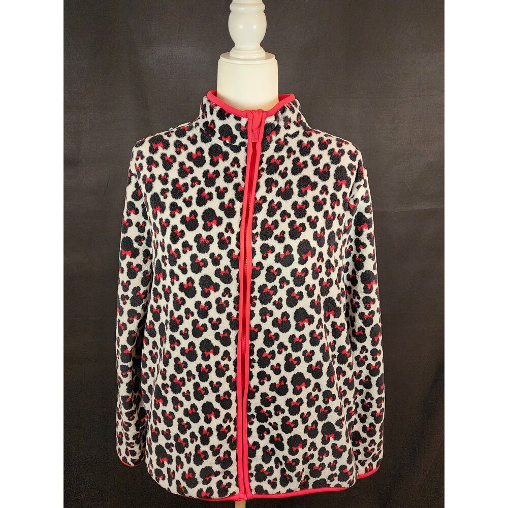 Disney polyester Fleece jacket, Minnie Mouse leopard print with red trim, Size L